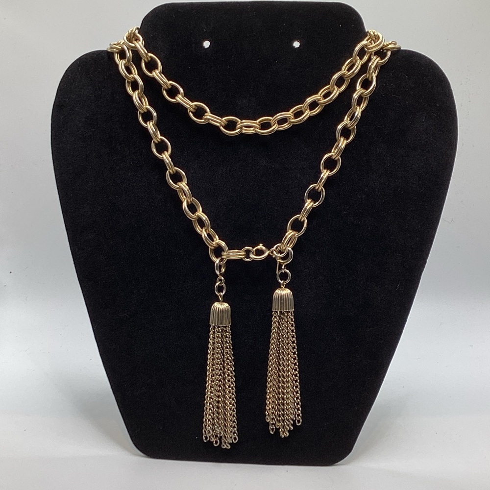 Gold Double-Link Necklace with Dual Tassels - Women's Jewelry
